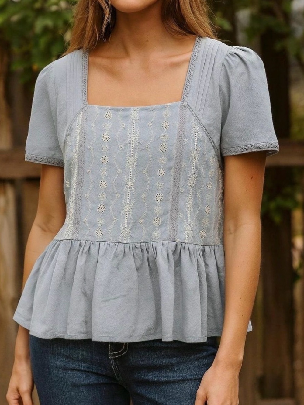 Light Blue Embroidered Square-Neck Peplum Blouse — Women